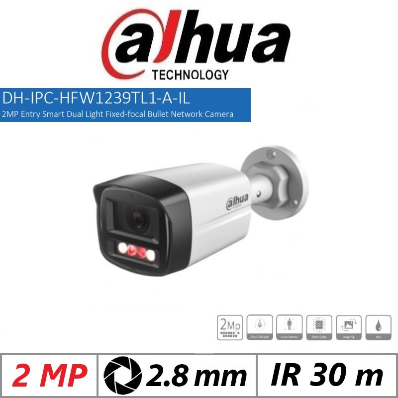 Dahua 2MP IP Bullet Smart Dual Light Camera(DH-IPC-HDW1239TL1-A-IL), 3.6mm